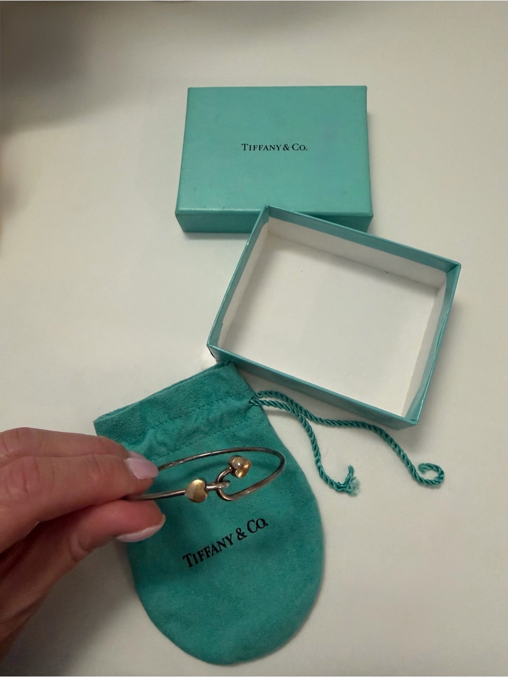 Tiffany & Co. Gold Heart Hook Bracelet with Blue Pouch
